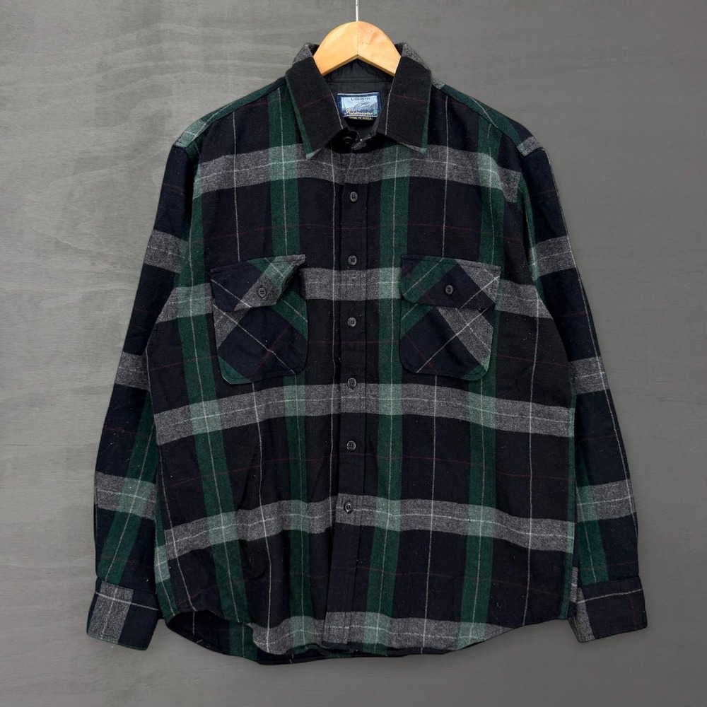Vintage Fieldmaster Shadow Plaid Button Down Shirt Green Black Wool Blend Large